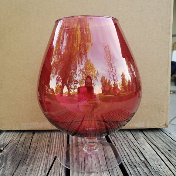 Large Vtg Hand Blown Red‎ Cranberry Glass Brandy Snifter Clear Stem - Picture 2 of 8